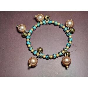 Costume Jewelry Beaded Stretch Bracelet Pearl Gold Turquoise